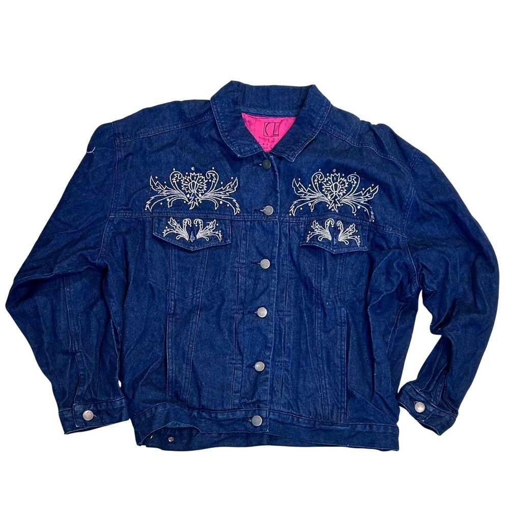Vintage CAROLE LITTLE 80s 90s denim jean jacket embroidered granny retro pink 6
